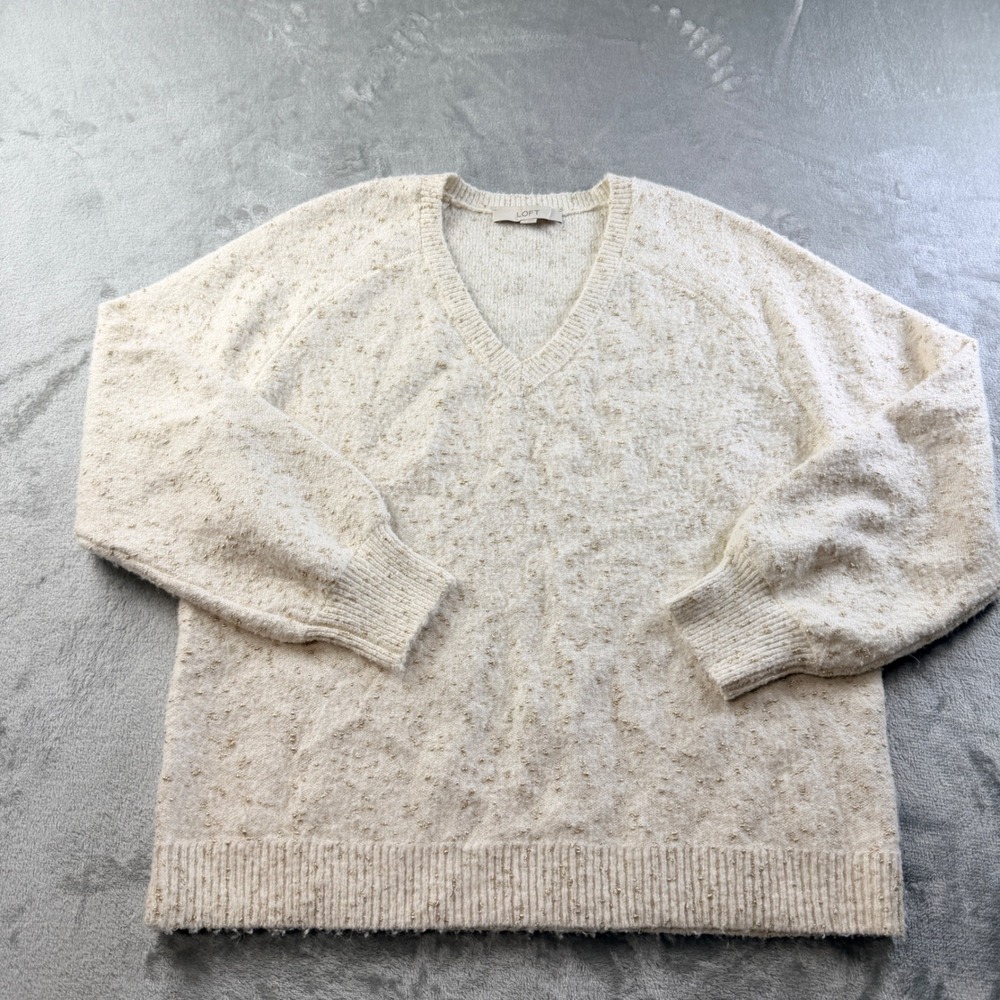LOFT Womens V-Neck Sweater Cream Gold Metallic Fleck Knit Women's XL